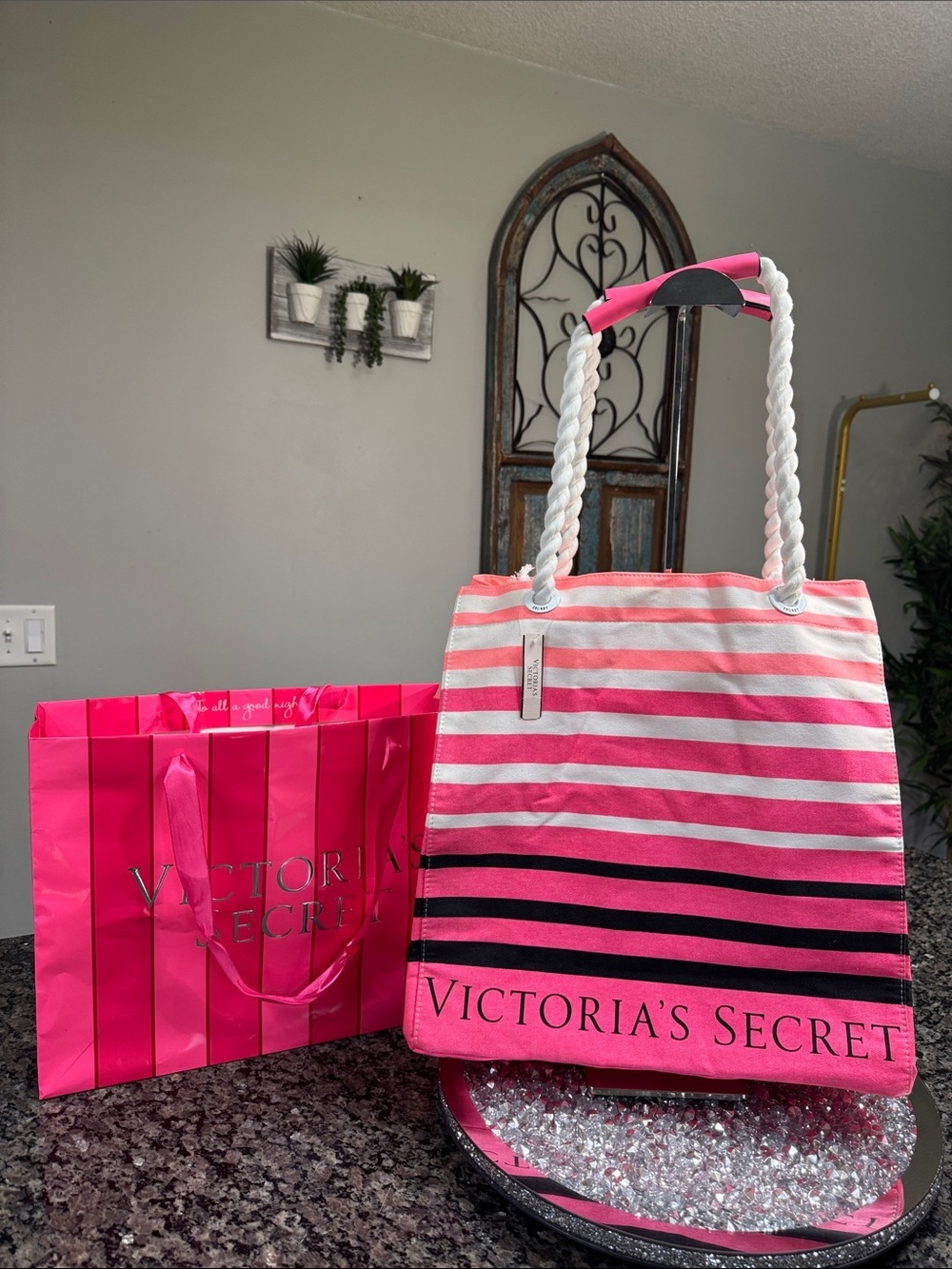 Victoria's Secret Pink, Hot Pink & White Striped Rope-Handle Tote NWT